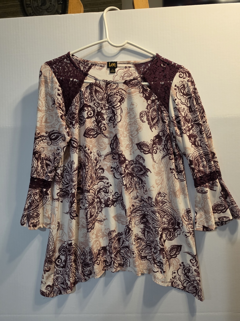 Lee Cream Top with Burgundy Paisley and Lace Insets